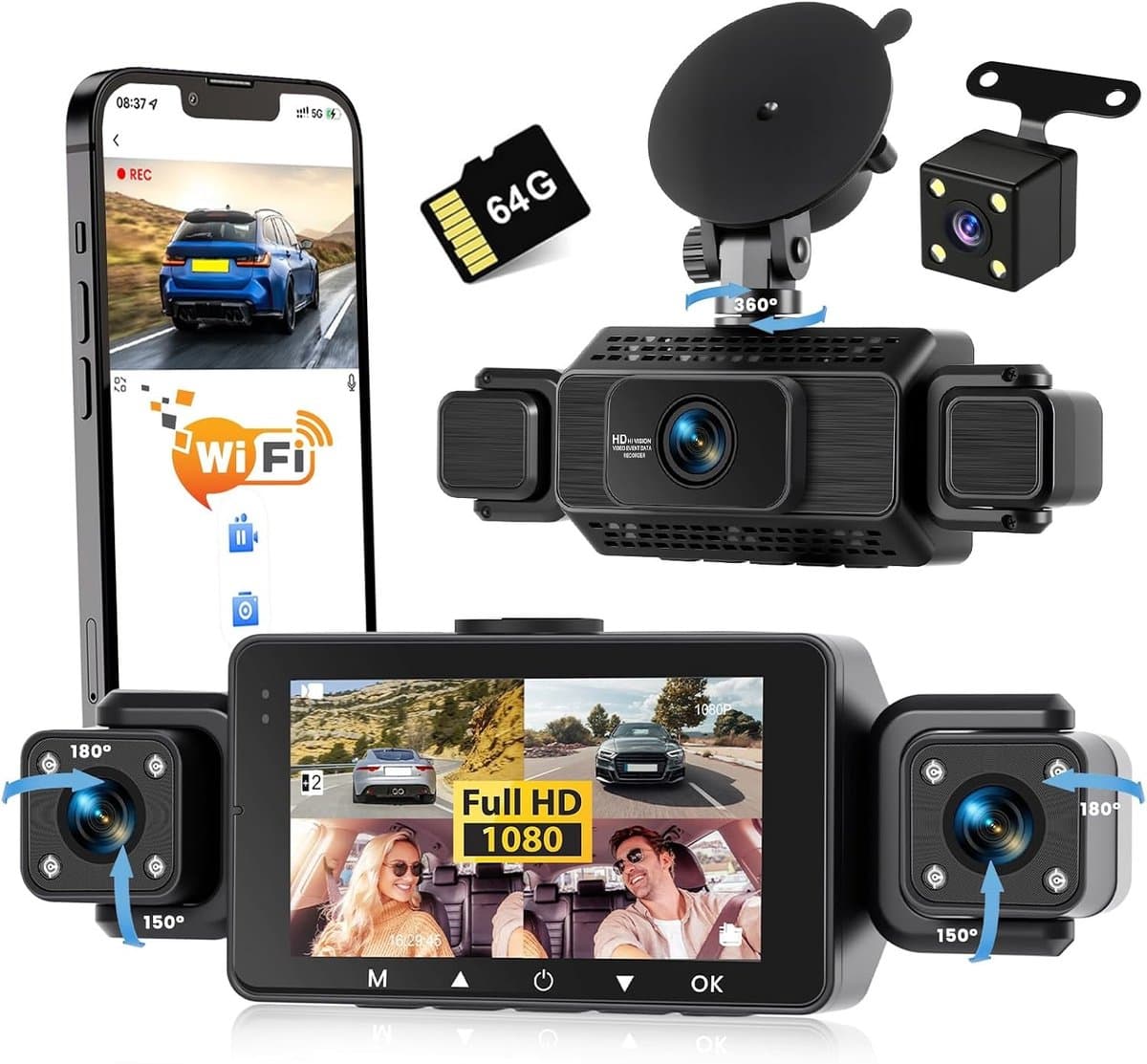 Dashcam voor auto - Zwart - 4 kanalen - 1080P met Wifi en 64 GB SD-kaart - Voor alle voertuigen — afbeelding 1