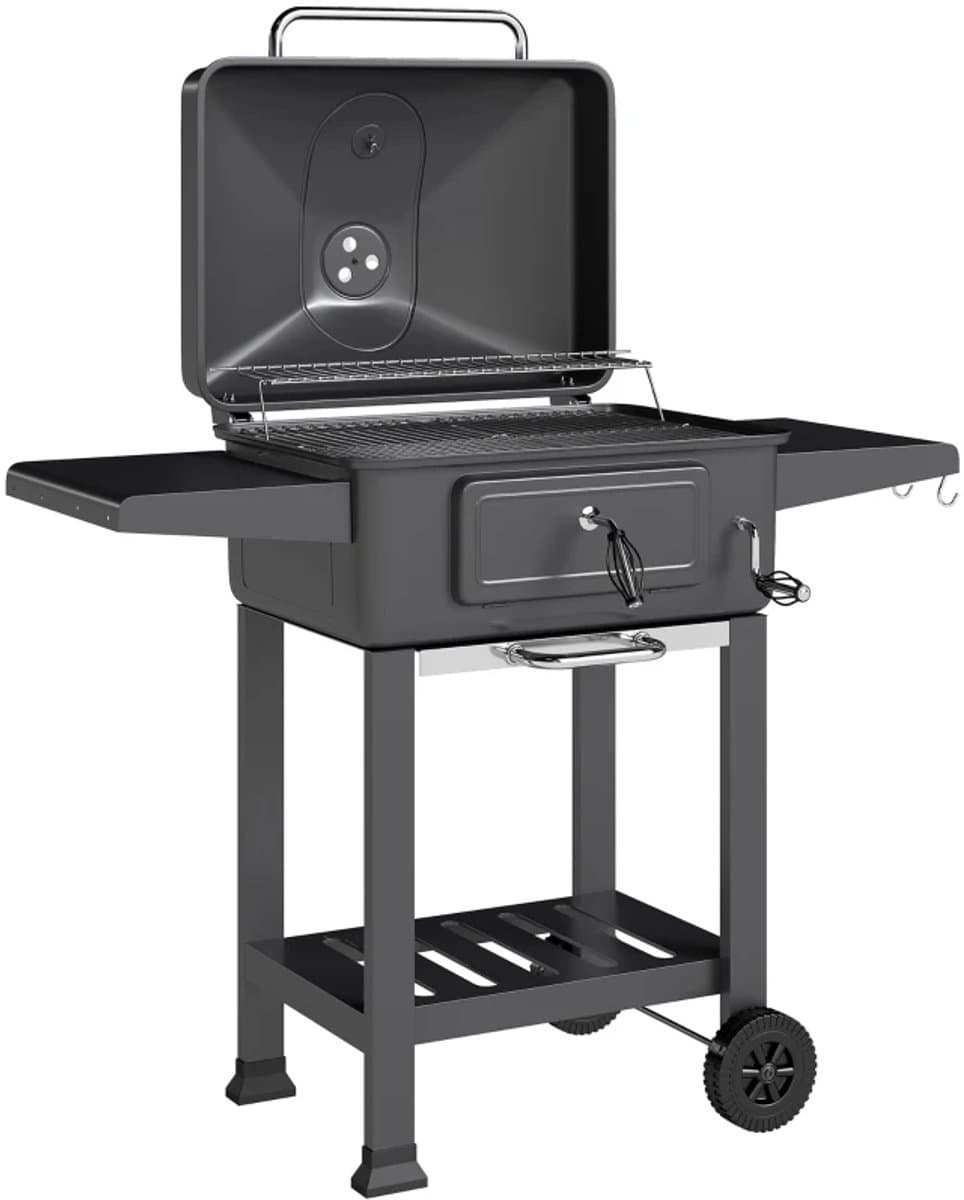 Premie Houtskool Barbecue - Smoker Barbecue - in Hoogte Verstelbaar - Barbecuegrill - Grillwagen - Houtskoolgrill - Houtskoolgrill met Deksel, Thermometer, Wielen, Bijzettafel & Handgreep - BBQ voor buiten, tuin - Zwart — afbeelding 1
