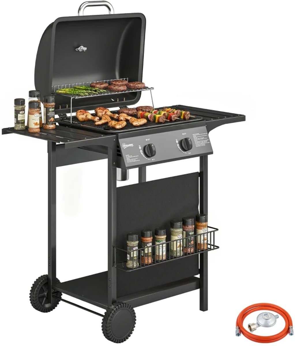 Gasbarbecue - Gasbarbecue en grill - 2 Branders - 5 kW - Grillwagen - Barbecuewagen - met Grillrooster, Wielen, Bijzettafels, Thermometer, Opvangbak en Warmhoudplaten - 99 x 56 x 95 cm - Zwart — afbeelding 1