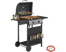 Gasbarbecue - Gasbarbecue en grill - 2 Branders - 5 kW - Grillwagen - Barbecuewagen - met Grillrooster, Wielen, Bijzettafels, Thermometer, Opvangbak en Warmhoudplaten - 99 x 56 x 95 cm - Zwart