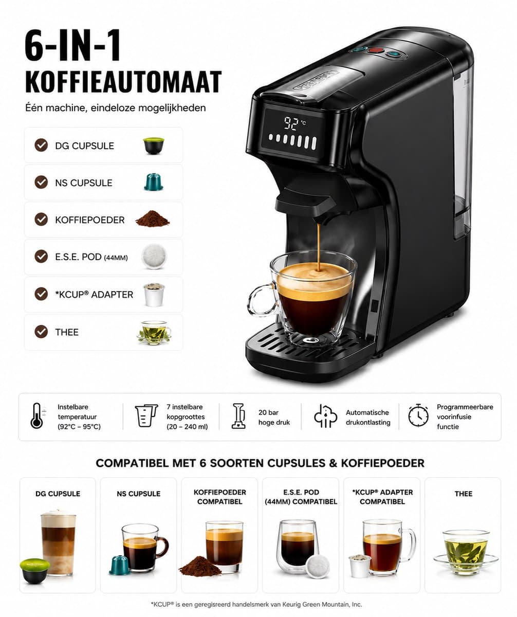 NordHaus 6-in-1 Capsule Koffiemachine – Nespresso & Dolce Gusto Compatibel – Warm & Koud – 20 Bar – Espresso Machine – Ideaal voor Airbnb & B&B — afbeelding 1