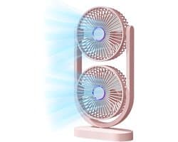 Ventilator - Tafelventilator - Fan - Bureauventilator - Stille ventilator met dubbele kop - Kantelbaar en oplaadbaar - Geluidsarme koeling - Mini-formaat - Geschikt voor thuis, kantoor en klaslokaal - roze