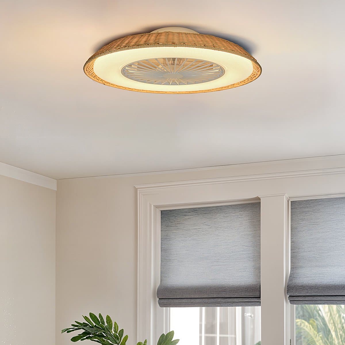 Plafondventilator Cakir met stereffect en aanpasbare kleurtemperatuur - rotan kap — afbeelding 1