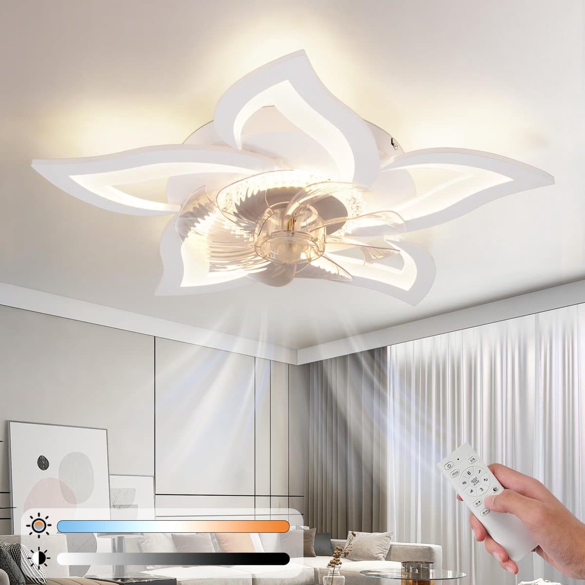 Glitzerlife - Plafond ventilator met verlichting - Dimbare LED ventilator lamp plafond - Stille plafondventilator - 3 kleurtemperaturen - 6 windsnelheden - Timer & nachtmodus - Ø62cm - Wit - Plafondlampen met ventilator woonkamer slaapkamer — afbeelding 1