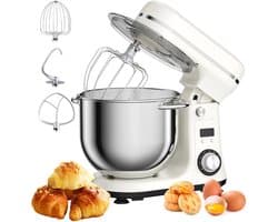 Lunekiss Keukenmixer 6L met RVS mengkom, LED-timer en 1200W stille DC-motor - 6 snelheden, standmixer met accessoires set - Zilver