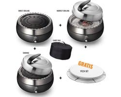 BBQ2GO SET - Rookvrije Houtskool Tafelbarbecue - Direct en Indirect grillen en smoken, met deksel en GRATIS Pizzaset & Draagtas - Ø30cm
