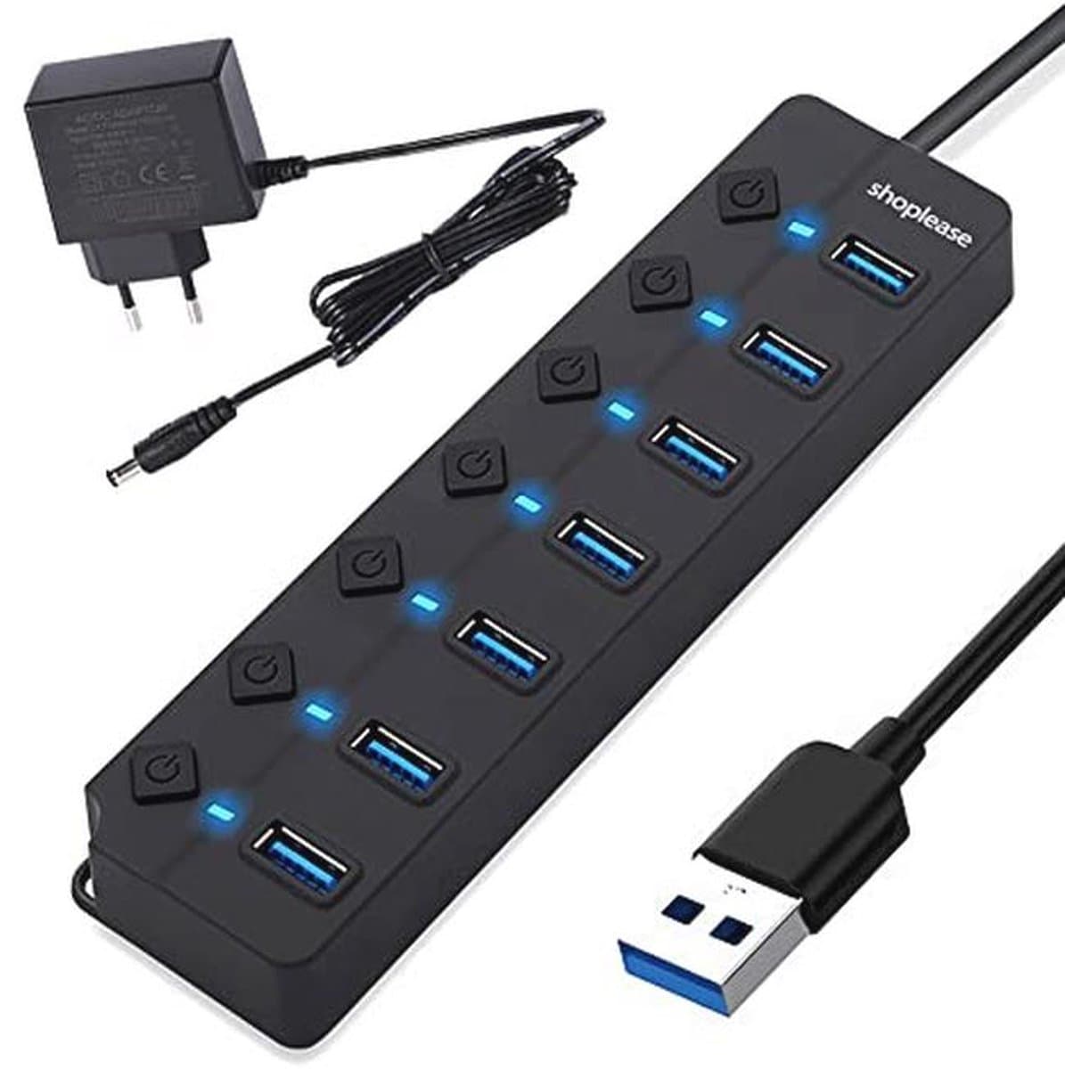 USB 3.0 Splitter 7 Poorts met 5V/2A Adapter en Individuele Aan/Uit-schakelaar — afbeelding 1