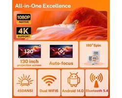 Beamer 450 ANSI Lumen - Native 1080P Resolutie - 48W LED - Android 14 Systeem - Draagbare Projector - Entertainment - LCD Scherm