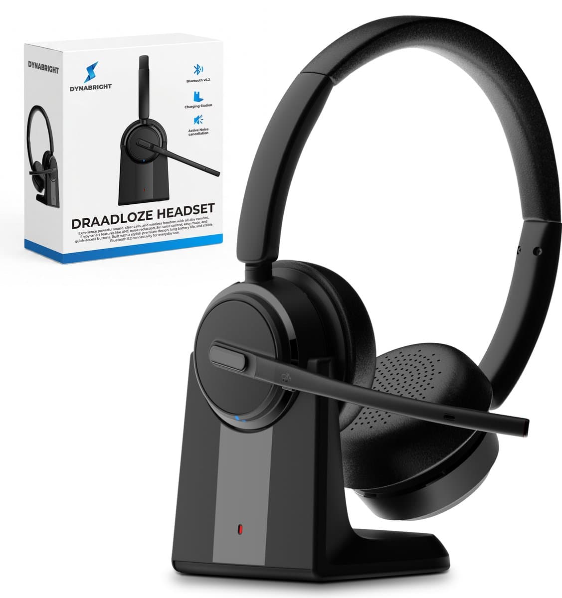 DynaBright - Draadloze Headset met Microfoon - Hoofdtelefoon voor Laptop en Computer - Noise Cancelling - Incl Oplaadstation - Koptelefoon - Computer Headset - Bluetooth 5.4 - Business Headset - USB-C — afbeelding 1