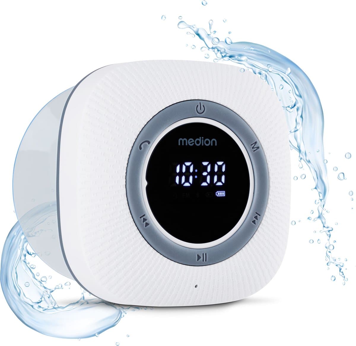 MEDION S66884 Douche radio met Bluetooth (badkamerradio, FM radio, zuignap, LED display, IPX6 waterproof, geïntegreerde oplaadbare batterij, MD43884) wit — afbeelding 1