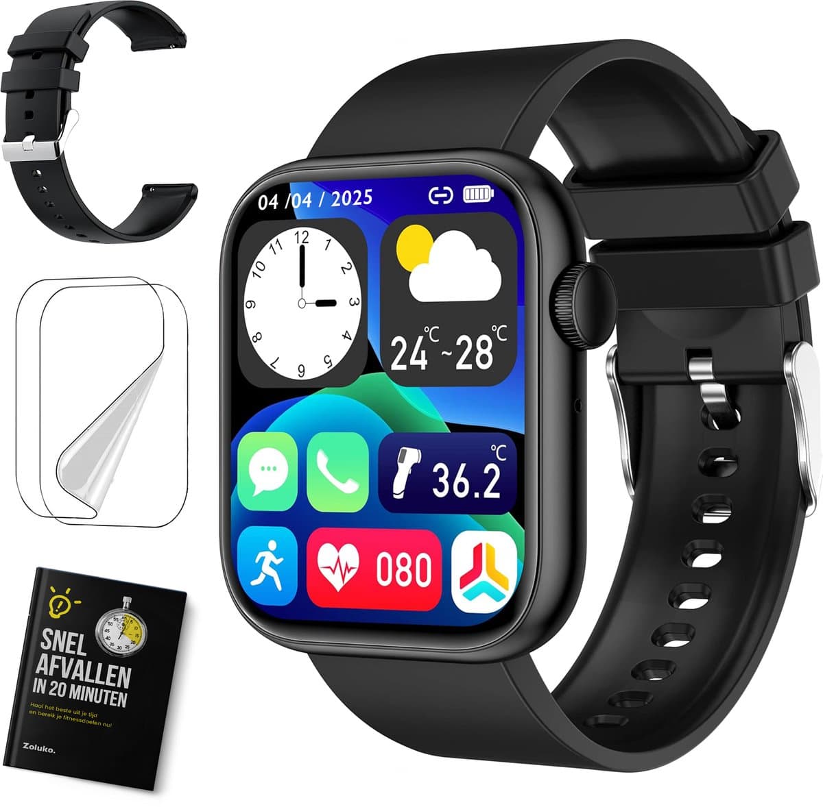 Zoluko Smartwatch voor Mannen & Vrouwen - Incl. Reserve Armbandje, Screenprotector en E-book - Sporthorloge met Fitness Tracker – Stappenteller Horloge – Fitness Watch – Zwart — afbeelding 1