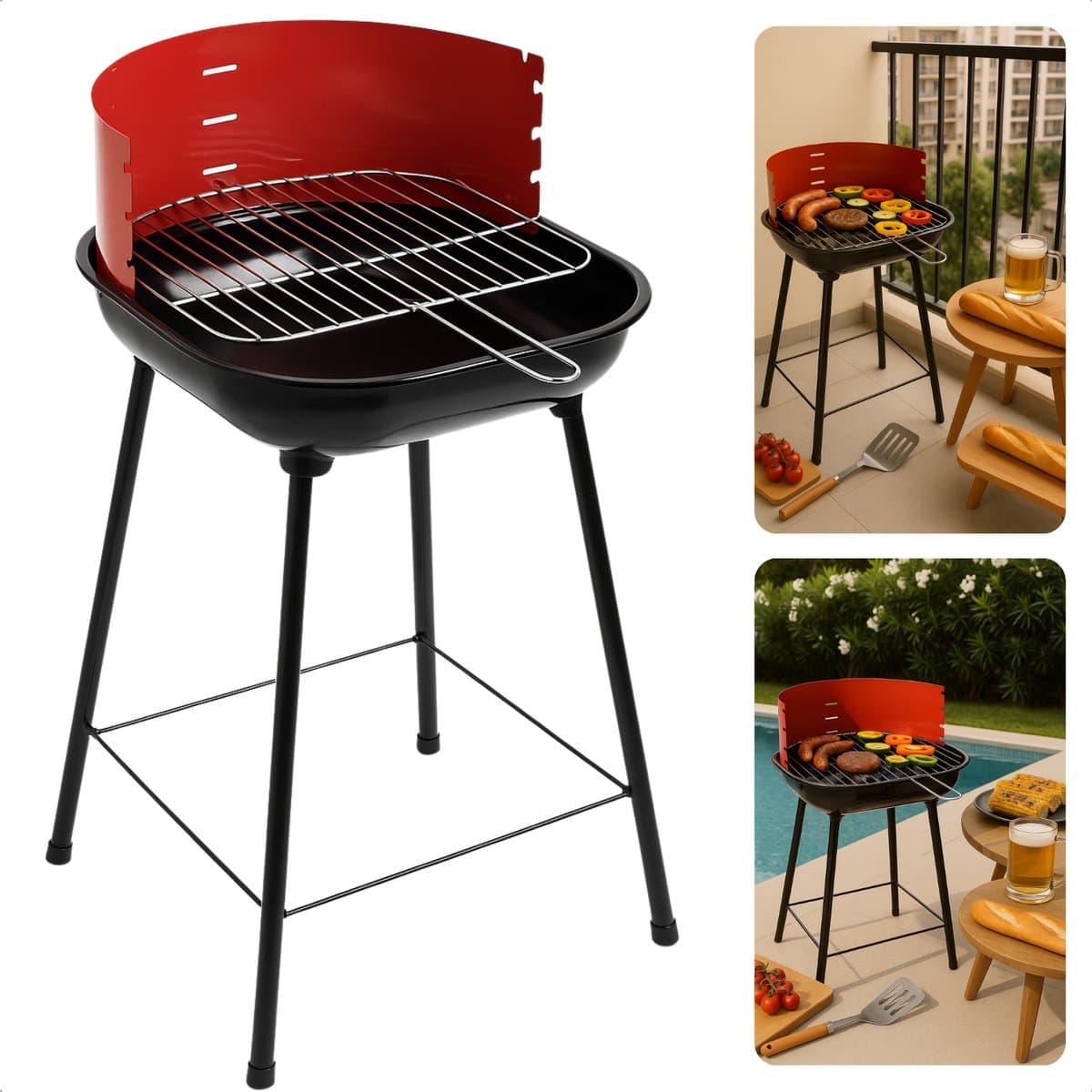 Cheqo® Houtskool Barbecue RVS - Houtskoolbarbecue - Verstelbaar Rooster - Ronde BBQ Rood/Zwart — afbeelding 1