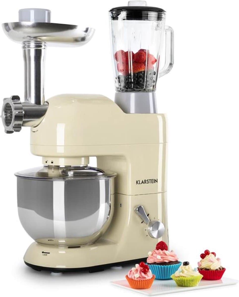 Klarstein Blender Knetmaschine keukenmachine met Fleischwolf, 2000W Teigmaschine klein, 6 standen, Schneebesen - & Knethaken, planetair , roermachine met Mixer, keukenmachines met 5L kom - 1800W 5,2L - voor Keuken - RVS - Standmixer — afbeelding 1