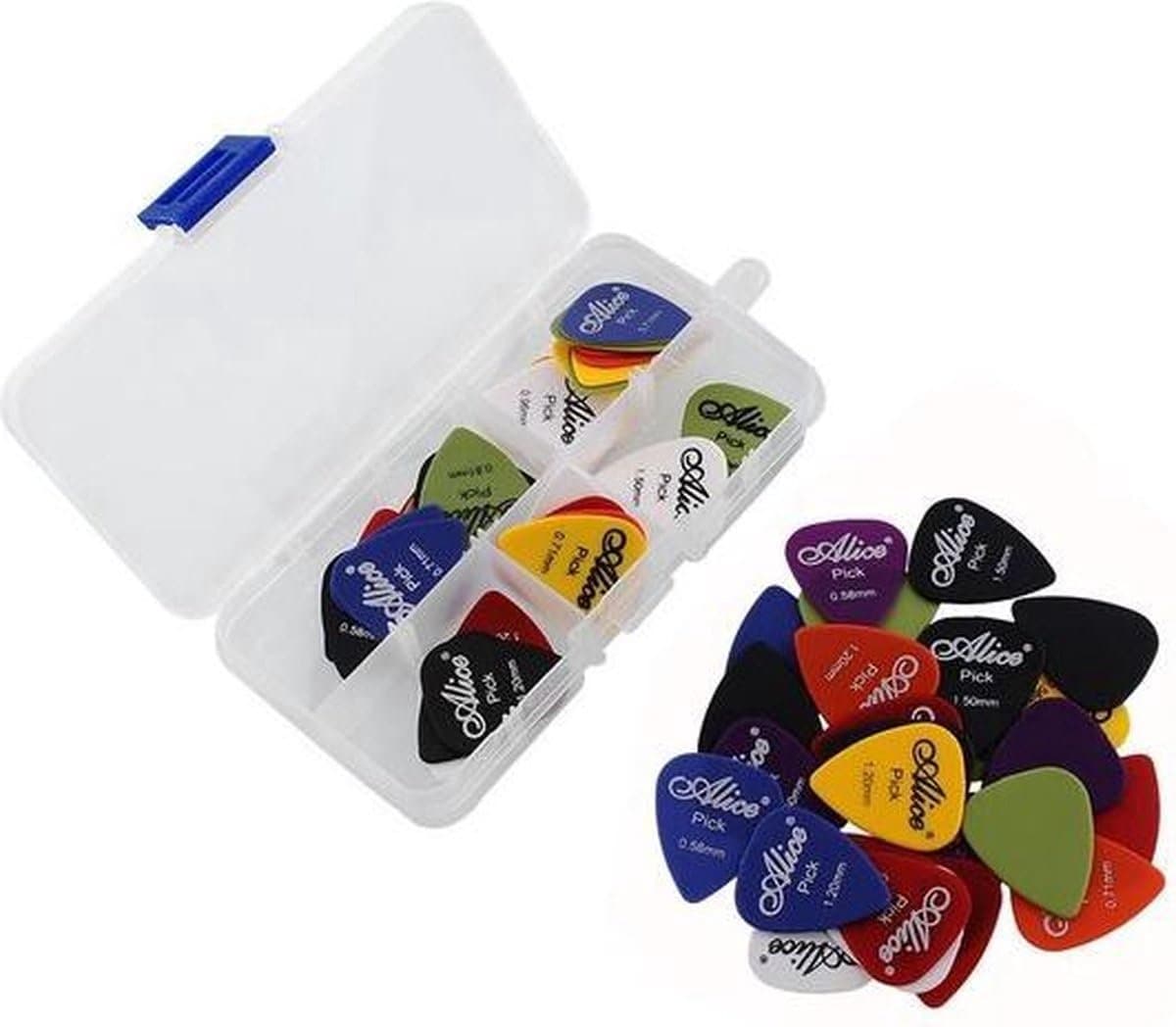 Okado Gitaar Plectrum Set 60-delig – Picks in Diverse Diktes 0,58 t/m 1,50 mm – Inclusief Opbergdoosje met Compartimenten – ABS Plectrums voor Elektrische en Akoestische Gitaar — afbeelding 1
