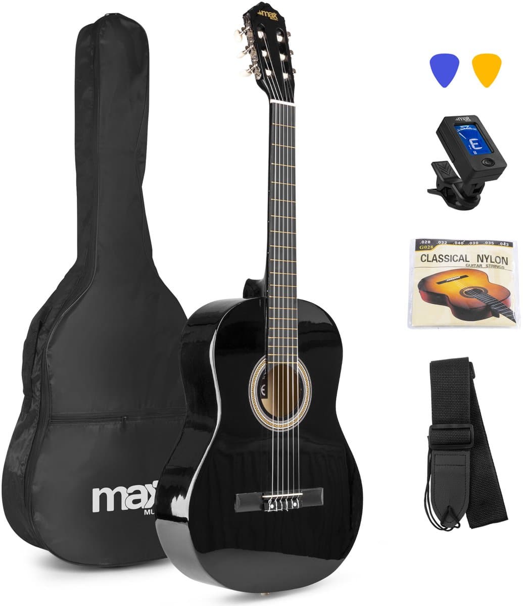 Klassieke Akoestische Gitaar 4/4 - Met Nylon Snaren - MAX SoloArt - Beginnersset met Accessoires - Zwart — afbeelding 1