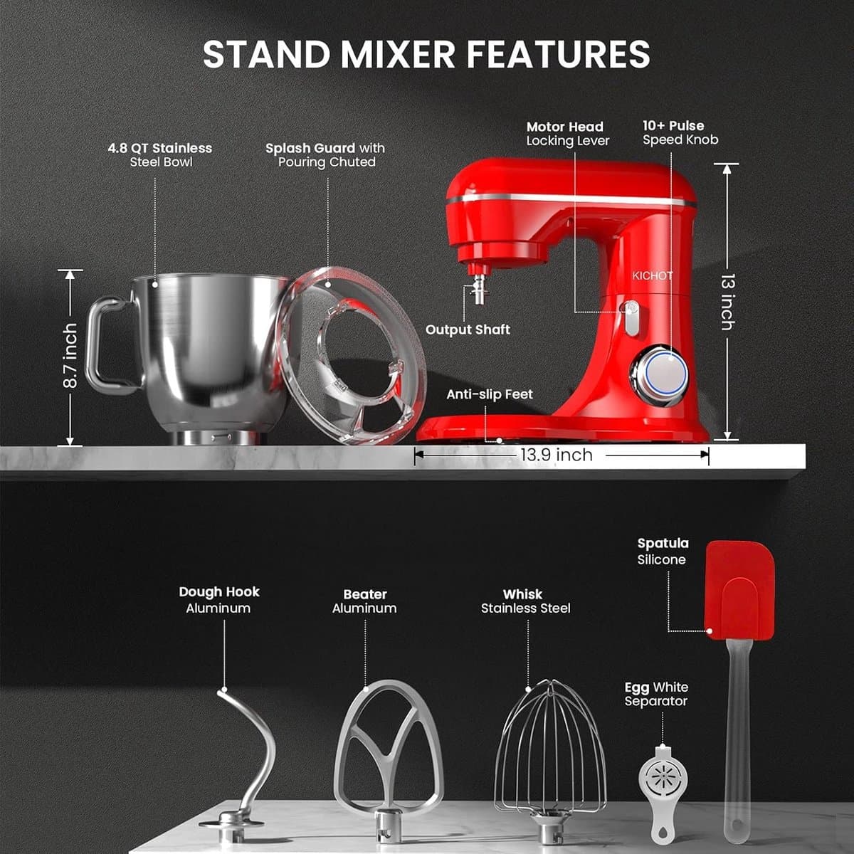RFWR® 4,5 l keukenmachine met 10 snelheden en spatbescherming voor bakken en kneden — afbeelding 1