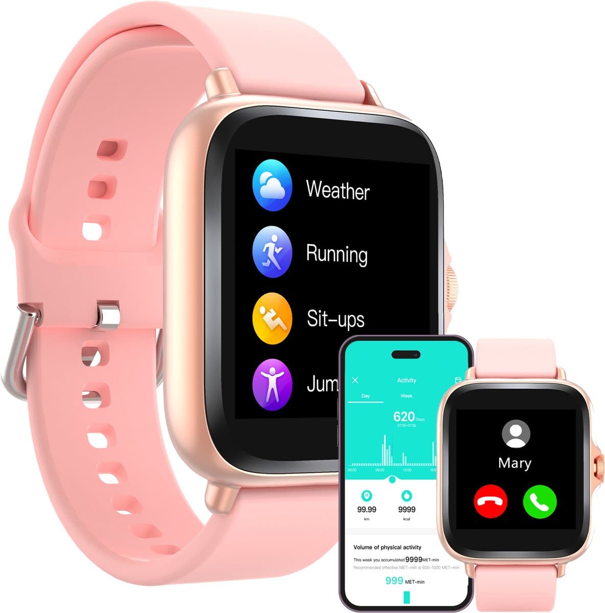 Denver Smartwatch Dames & Heren - Android & iOS - Volledige Belfunctie - Sporthorloge - Hartslagmeter - Stappenteller - Slaapmonitor - Social Media Activiteit - SWC156 - Roze — afbeelding 1