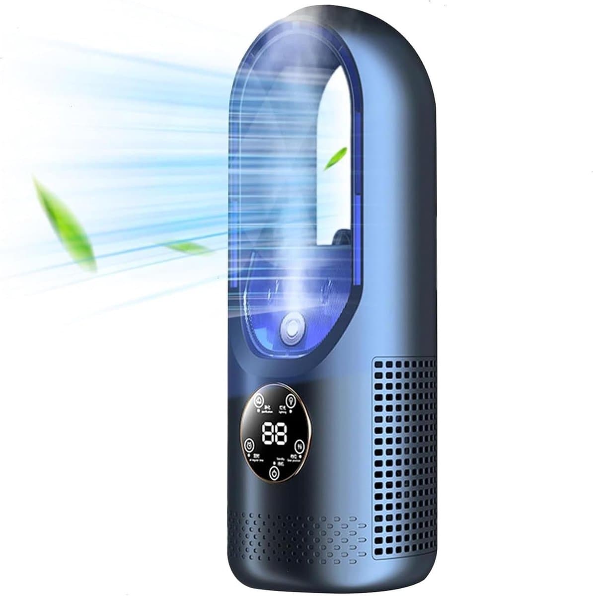 Multifunctionele, bladloze USB-ventilator - 6 snelheden met timer - Koelventilator - Bladloze staande ventilator met LED-display - Geluidsarm - Draagbaar - Geschikt voor studentenhuisvesting, kantoorbureau (blauw) — afbeelding 1