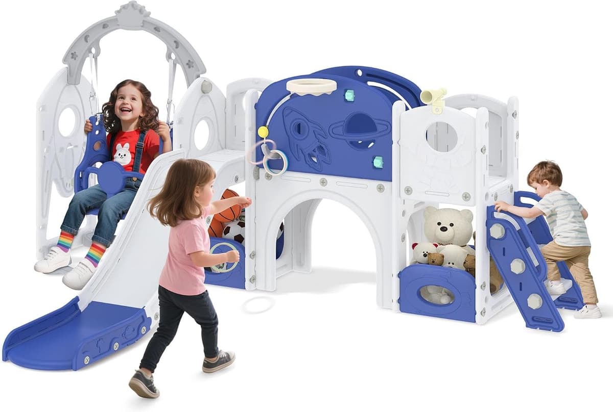 9-in-1 glijbaan voor kinderen jaar, voor binnen en buiten, vrijstaande glijbaan, van polyethyleen met hoge dichtheid en polypropyleen, met schommel, klimladder, tunnel — afbeelding 1