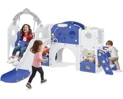9-in-1 glijbaan voor kinderen jaar, voor binnen en buiten, vrijstaande glijbaan, van polyethyleen met hoge dichtheid en polypropyleen, met schommel, klimladder, tunnel