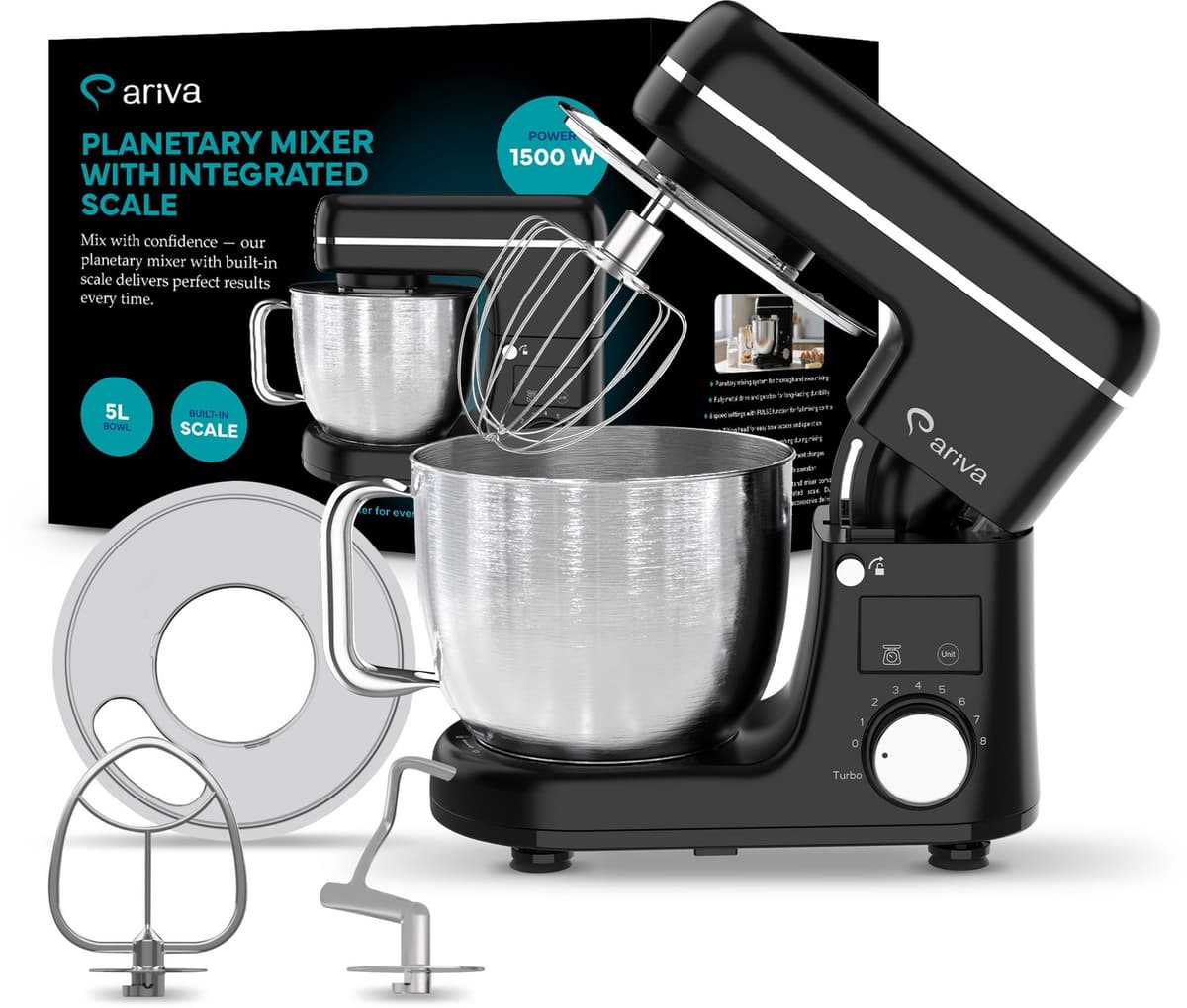 ARIVA-Keukenmixer-Keukenmachine-1800W maximaal-Met ingebouwde weegschaal-5 Liter-8 Snelheden-Keukenrobot — afbeelding 1