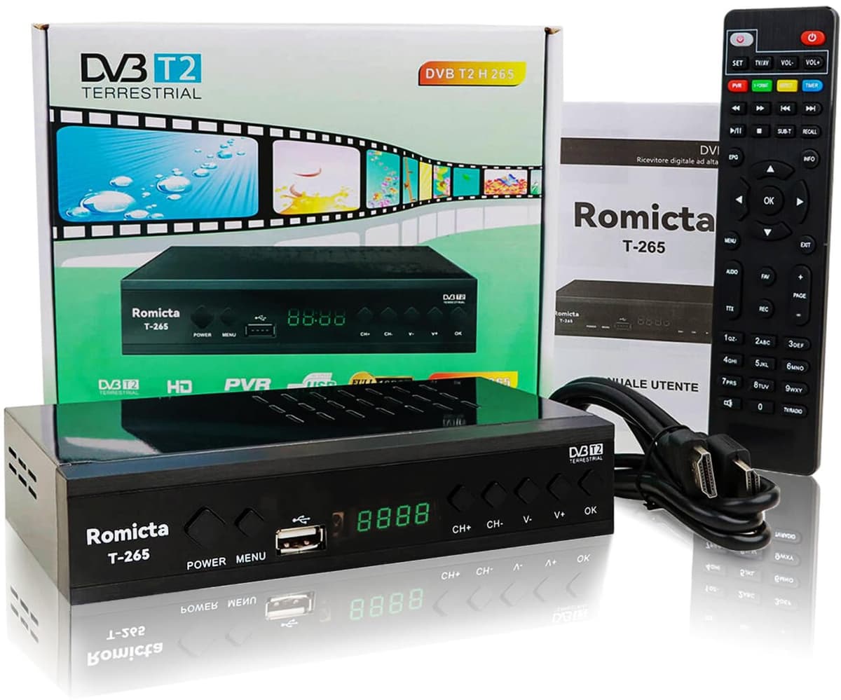 TNT HD Decoder 2025 – DVB-T2/C, H.265 HEVC FTA Full HD PVR, USB, HDMI, SCART, Digitale Terrestrische Tuner, Full HD 1080p Ontvanger, 2-in-1 Universele Afstandsbediening — afbeelding 1