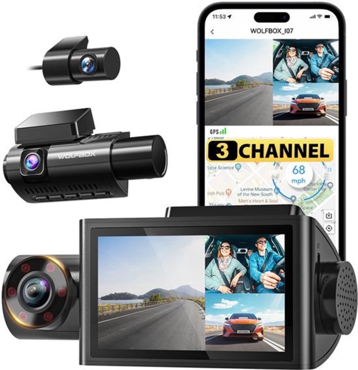 Dashcam 3-Kanaals - 4K Voorkant 1080P Binnen En Achter - 3 Inch LCD - USB Aansluiting - Zwart - Auto Beveiliging — afbeelding 1