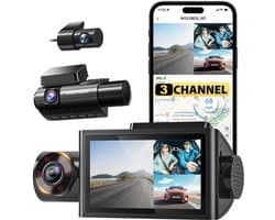 Dashcam 3-Kanaals - 4K Voorkant 1080P Binnen En Achter - 3 Inch LCD - USB Aansluiting - Zwart - Auto Beveiliging