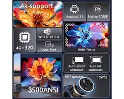 Beamer J10-EU - 3500 ANSI Lumen - 1920 x 1080 Resolutie - LCD - Android Smart Home Theater - Wit - Voor Binnen En Buiten