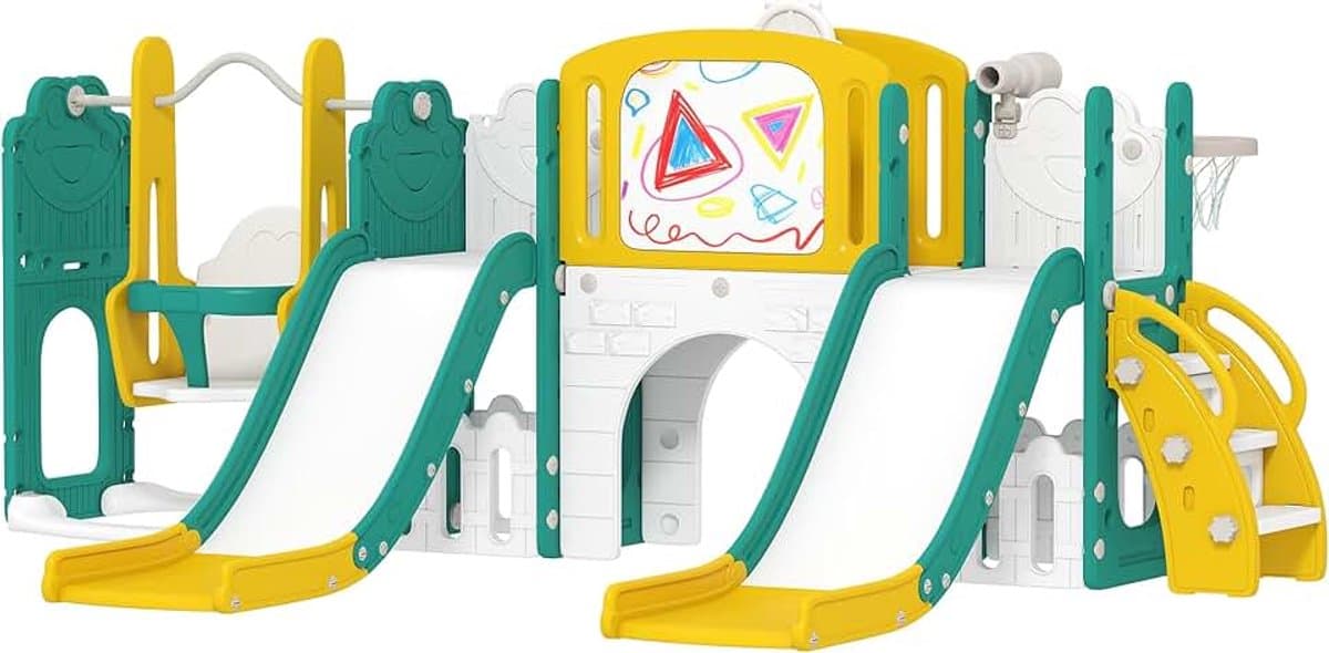 Kinderglijbaan 9-in-1 peuterglijbaan met basketbalmand, 2 glijbaan, klimrek, schommel, tunnel, verrekijker, scheurplank, kikkermotief en opbergdoos enz., voor binnen en buiten, voor 1-3 jaar — afbeelding 1