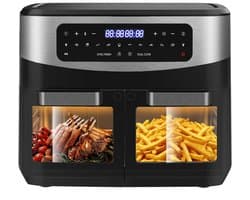 Airfryer - 12L Grote capaciteit – 2600W Multifunctionele Heteluchtfriteuse met Dubbele Zone Onafhankelijk Koken - Verwijderbare Tussenwand - Dubbel Gelijktijdig Koken - Met Kijkvenster - 10 Vooraf ingestelde Menu's - 50–200°C