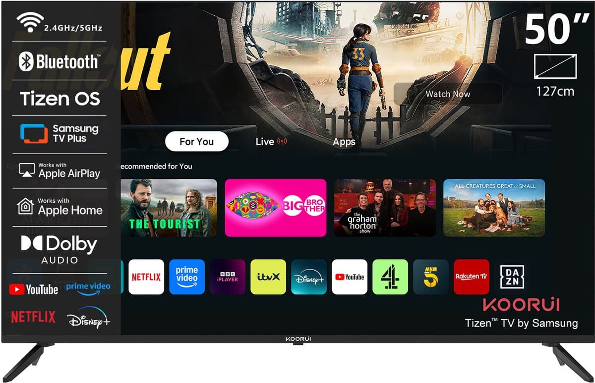 KOORUI K50Q1UQ-T8 50 inch 4K UHD QLED smart tv met Tizen OS, randloos ontwerp, Dolby Audio, premium metalen afwerking, gemonteerd in Nederland — afbeelding 1