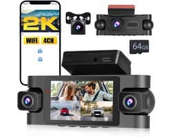SnelShoppen - 4-kanaals dashcam 2K WiFi autovideo camera voorzijde en 1080P achterzijde, met 64GB kaart, loopopname, G-sensor, achteruitrijhulp