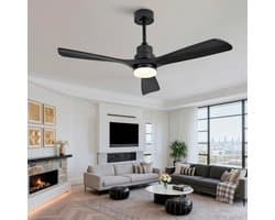 Massief houten plafondventilator 52 inch met zwarte spiraalbladen (drie bladen) - Verlichting - 3 kleurtemperaturen - Dimbaar - Afstandsbediening - 6 snelheden en omkeerbare rotatie