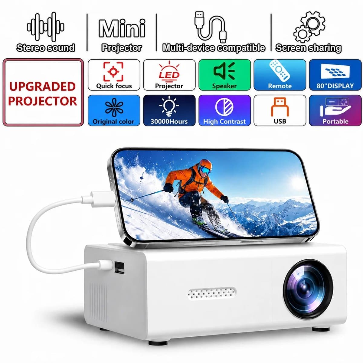 Beamer 4K - 180° Draaibaar - Smart Projector met WiFi 6, Android 11 en Draagbaar Ontwerp — afbeelding 1