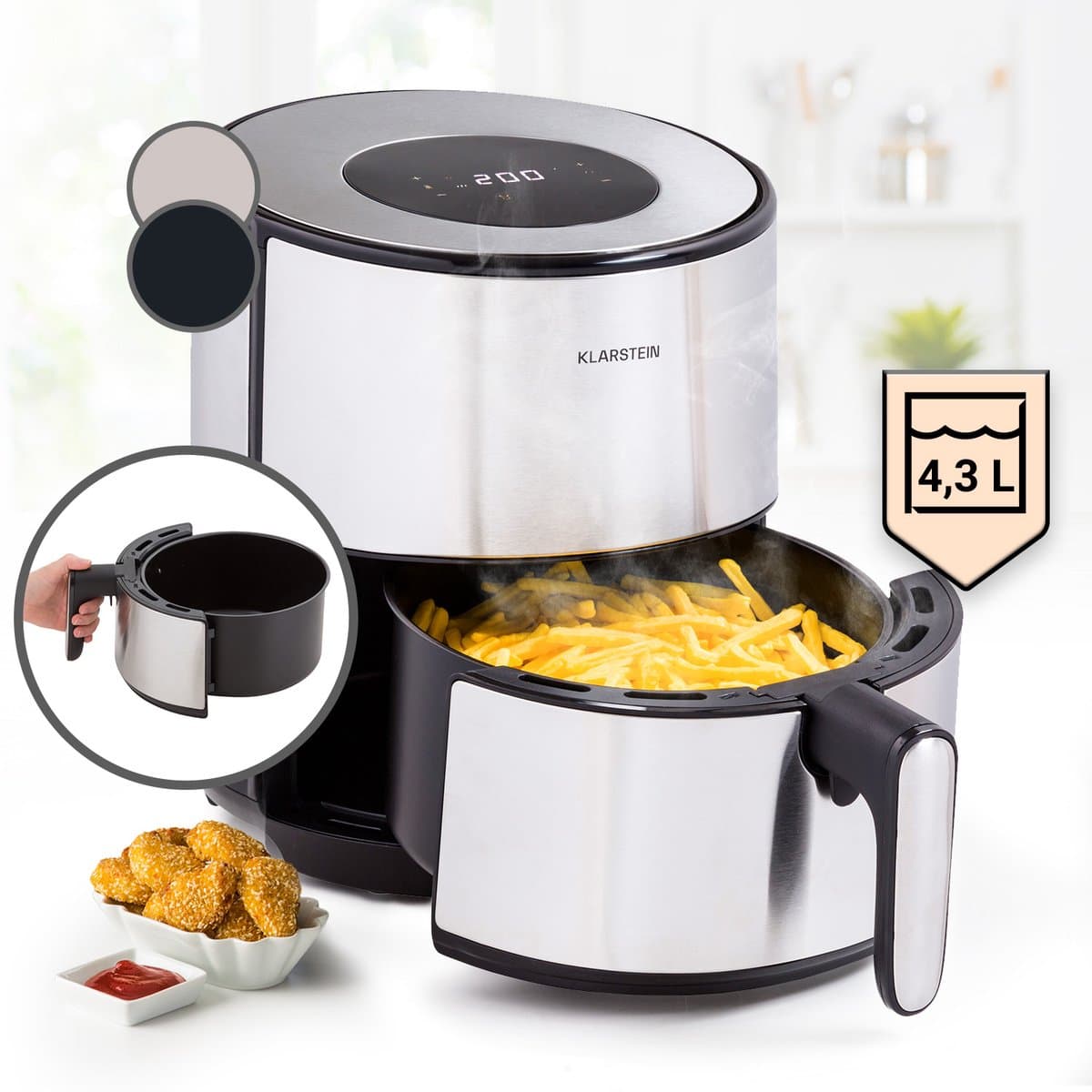 Klarstein Heteluchtfriteuse, Air Fryer om te Frituren, Friteuse met Touch-Bedieningspaneel, Timer, Instelbare Temperatuur & 8 Programma’s, Airfryer voor Luchtfrituren, Heteluchtfriteuse zonder Olie, 1500 W, 4,3L — afbeelding 1