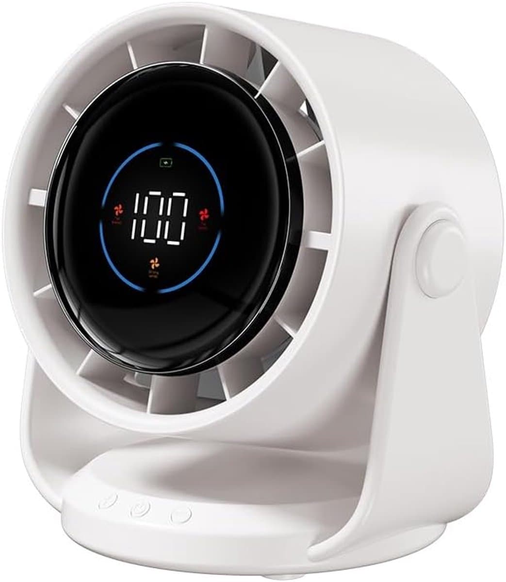 Bureauventilator, 5000mAh batterij, LED-display, 1-199 snelheden en 105° draaibare kop, krachtige luchtstroom, wandventilator voor kantoor, thuis, slaapkamer en keuken — afbeelding 1