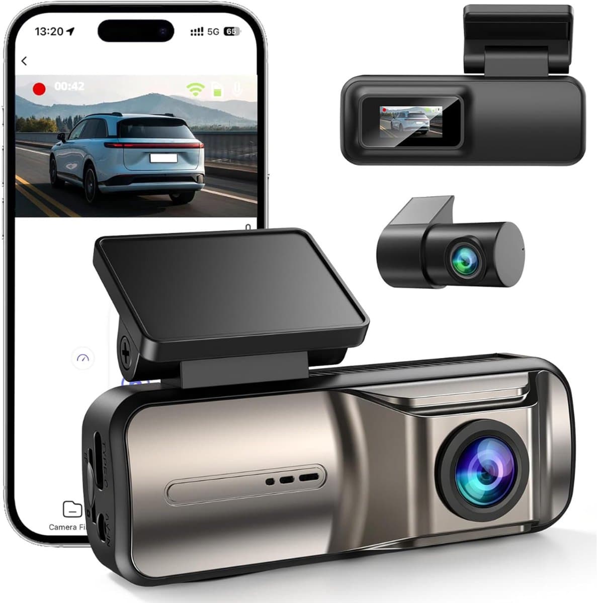 SNJY® Dashcam voor Auto - Auto Camera - Dashcam Voor en Achter - 4K - 170° Groothoek - 64GB - Zwart — afbeelding 1