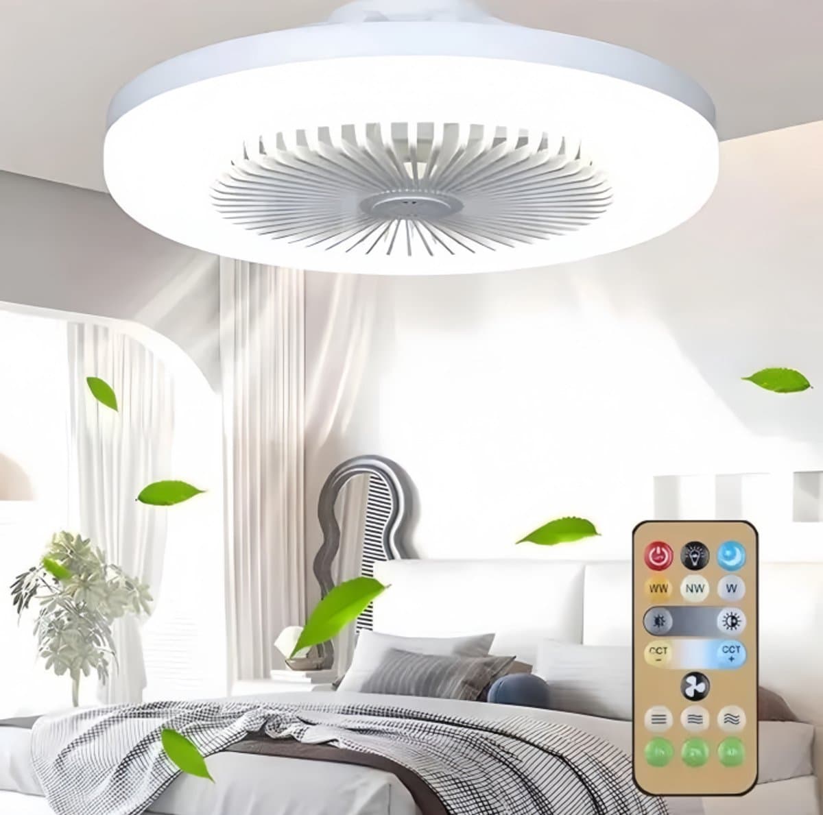 Plafondventilator met verlichting en afstandsbediening - Schroefbare plafondventilatorlamp - Universele verstelling - Mini plafondventilatorlamp - Drie windsnelheden - Timer, geschikt voor slaapkamers, badkamers, garages en kasten - Gebroken wit — afbeelding 1