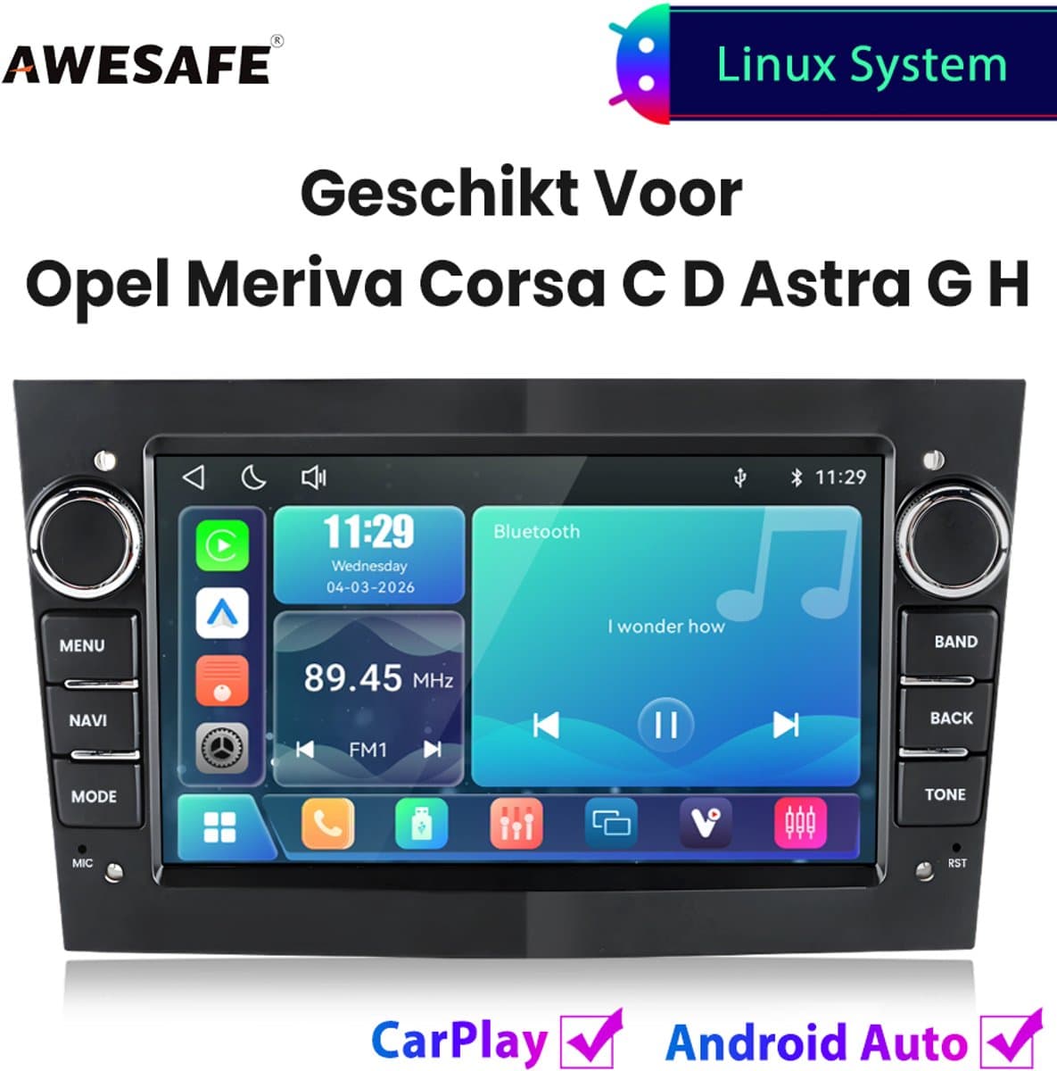 Awesafe Autoradio - Geschikt Voor Opel Meriva Corsa C D Astra G H - Draadloos Carplay Android Auto - Linux systeem - 7 Inch Touchscreem - FM Radio Bluetooth EQ SWC Wifi Airplay — afbeelding 1