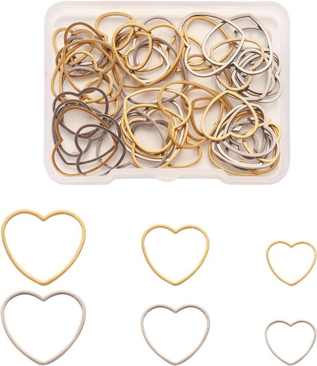 Set van 60 roestvrijstalen holle hartvormige bedelhangers in goud en zilver, met oorbelringen in 3 maten voor het maken van DIY sieraden — afbeelding 1