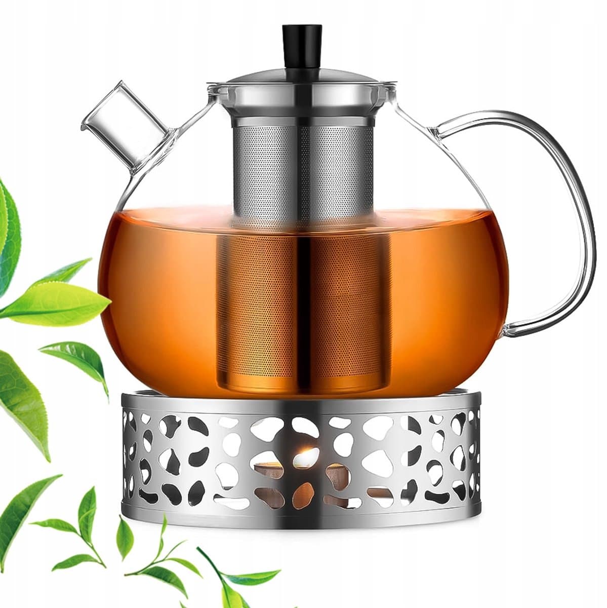Glazen theepot 1500ml met filter en warmhoudplaat — afbeelding 1
