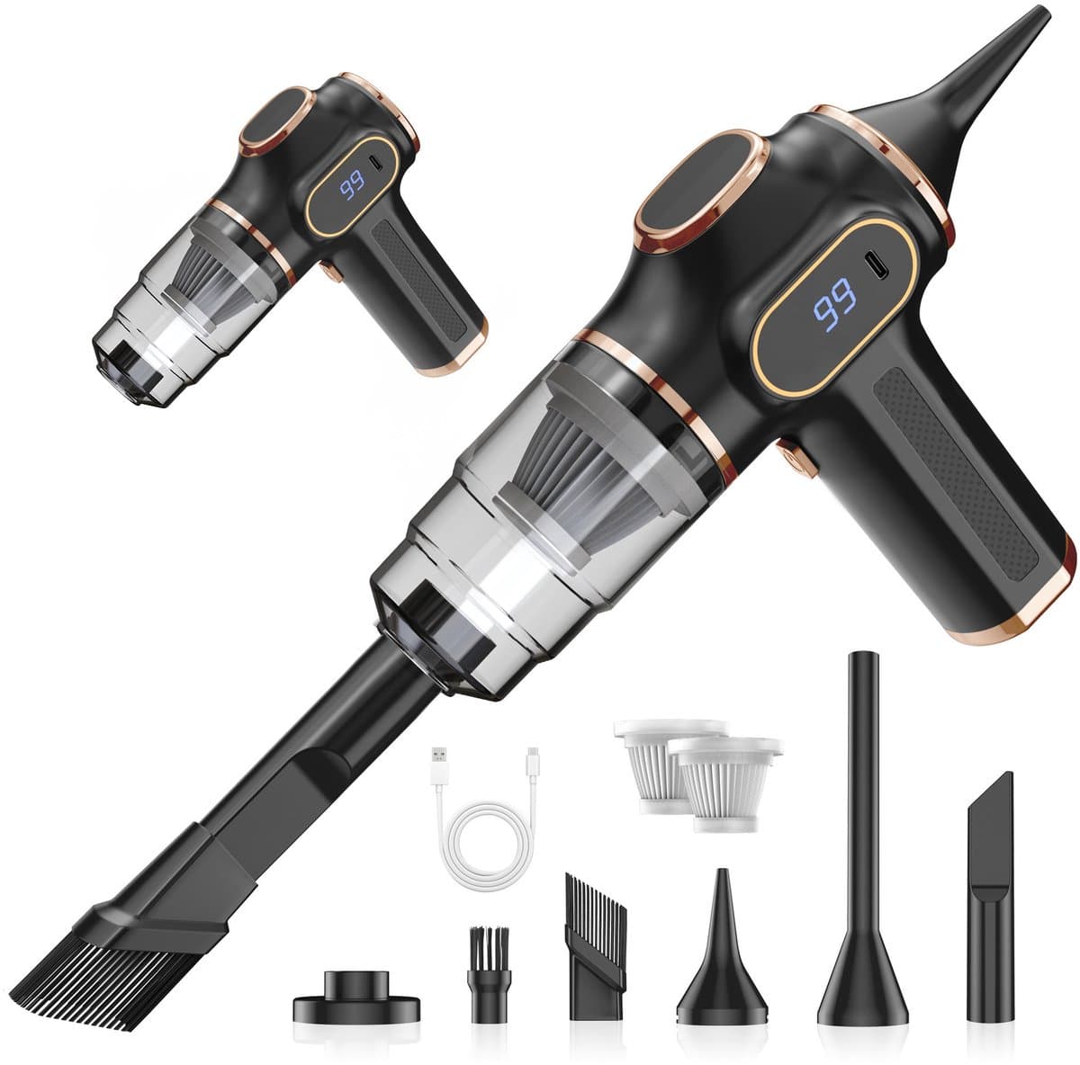 KZQ Handheld auto stofzuiger met LCD-scherm - Draadloze oplaadbare stofzuiger voor auto thuis kantoor en huisdierharen - 7-in-1 reinigingsset - Zwart — afbeelding 1
