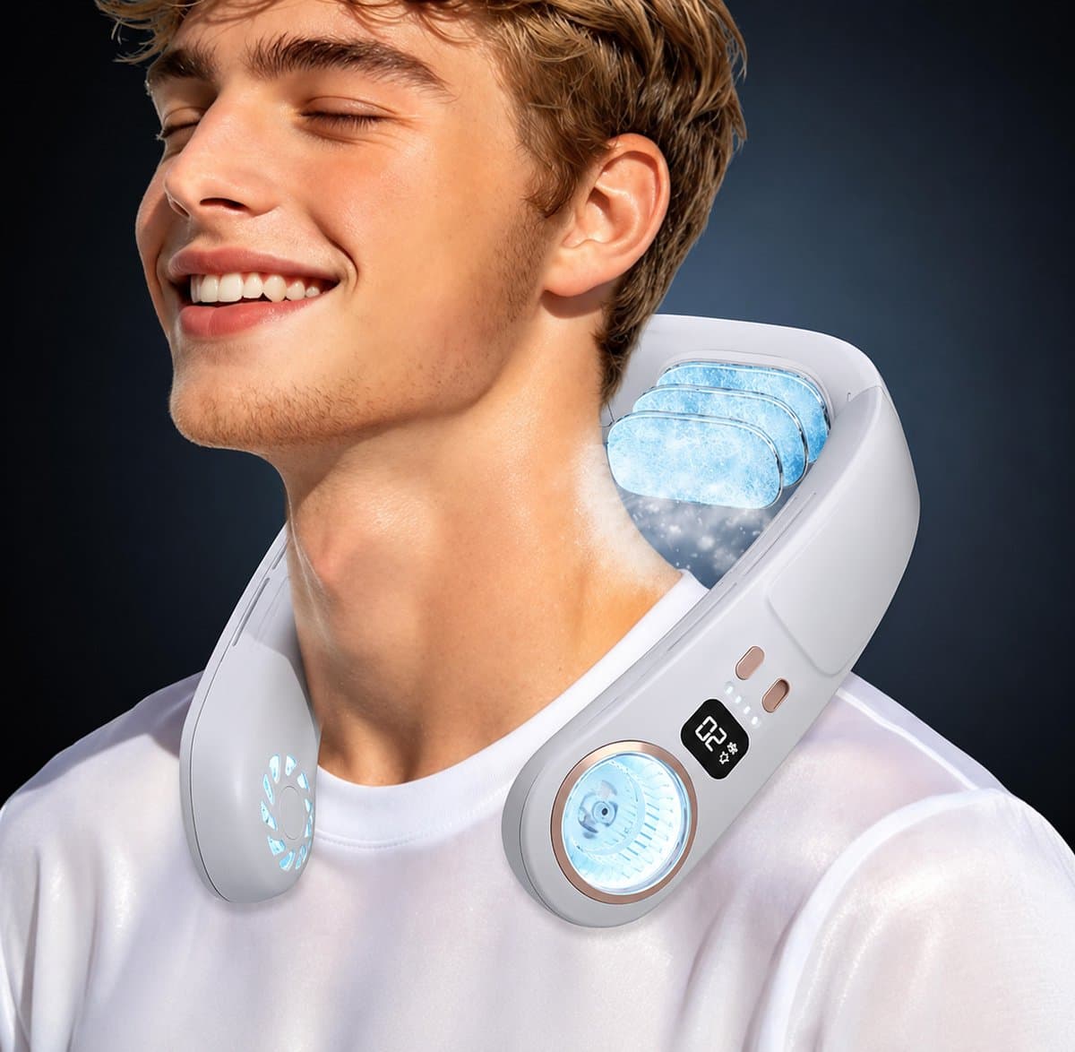 Nekventilator met TEC Koeling 4000mAh – Draagbare Bladloze Halsventilator met Halfgeleider Koeltechnologie, 3 Snelheden, LED Display en Sfeerverlichting – USB Oplaadbaar Wit — afbeelding 1
