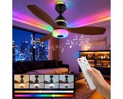 MUPOO Modern Houtlook Plafondventilator met Lamp Ø61cm- Bluetooth Speaker & plafonventilator afstandsbediening-RGB ventilator lamp plafond met 3 Snelheden & Slaapmodus - plafondventilator slaapkamer Woonkamer gamekamer