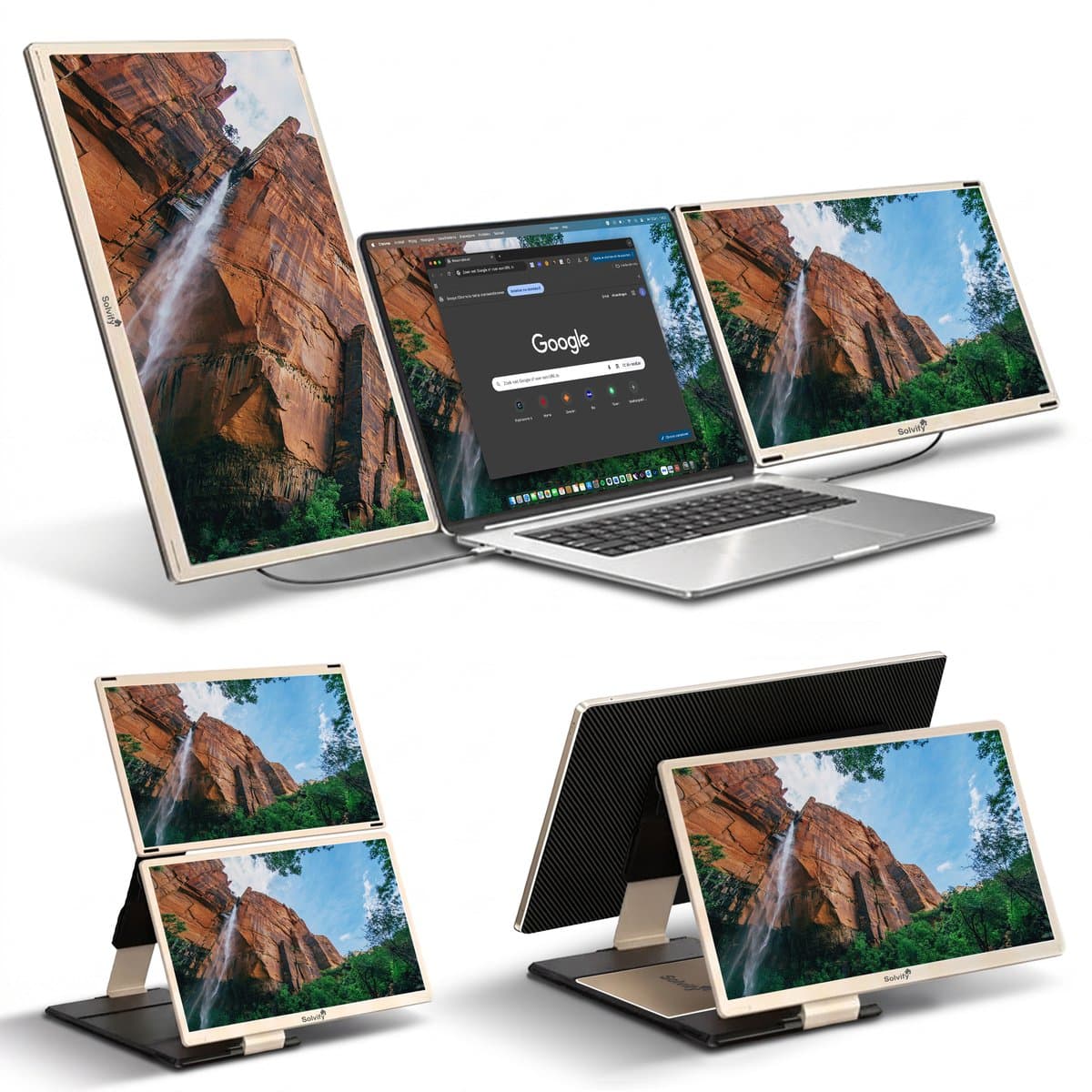 Portable Monitor 2x 15,6 inch Full HD - Tri Screen Laptop Scherm Uitbreider - Extra Scherm Laptop - Draagbare Monitor - Plug & Play - Solvify — afbeelding 1