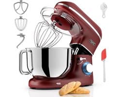 SnelShoppen - Keukenmachine 2000W RVS Mengkom 6,2 L - Keukenmixer met Roerhaak, Kneedhaak, Klopborstel, Spatbescherming en Extra Accessoires - Rood