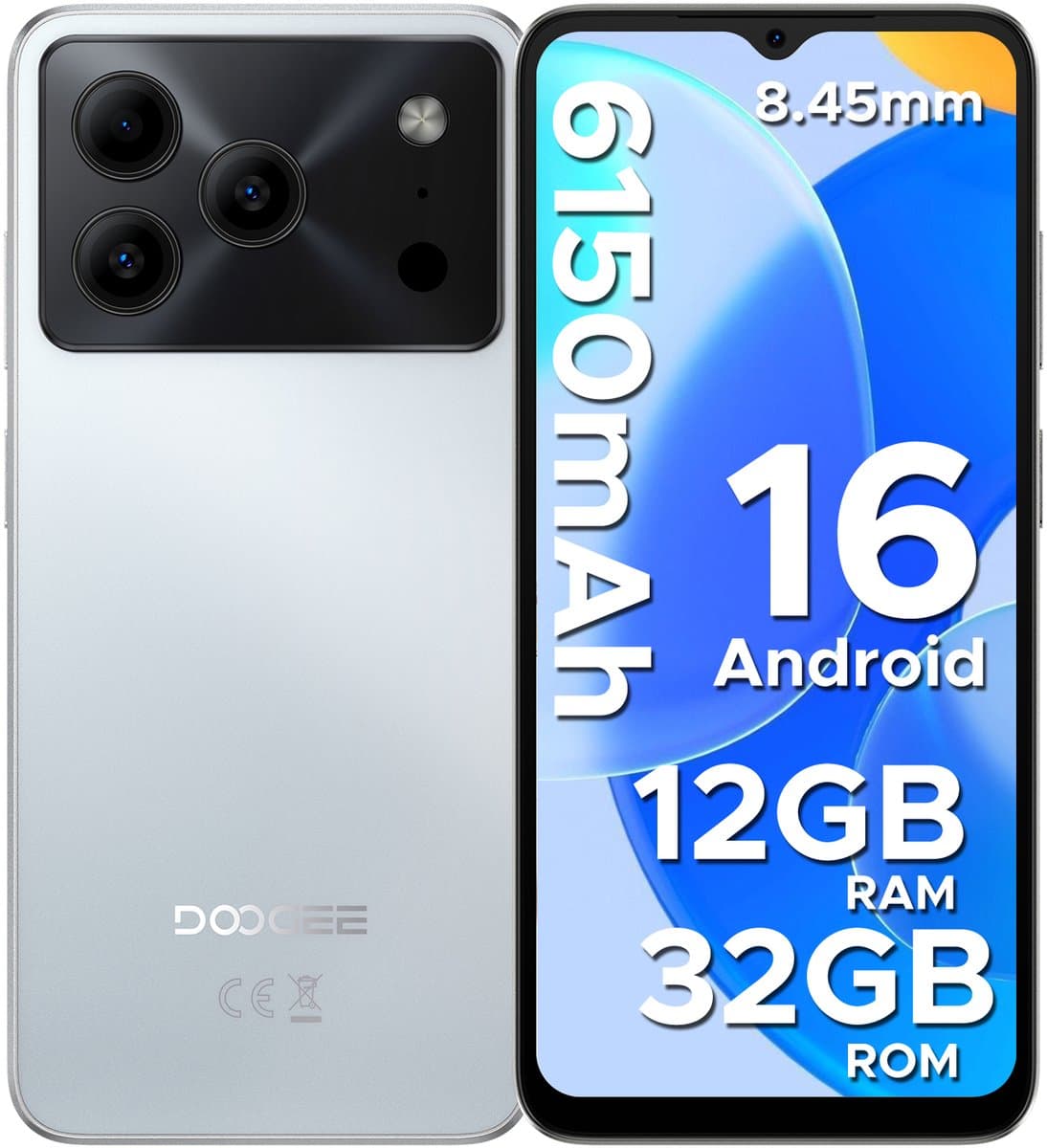 DOOGEE Note 56 Lite - Dual SIM Smartphone - Android 16 -12 GB RAM + 32 GB ROM / 2 TB TF - UNISOC SC9863A - 6150 mAh - 8,5 mm ultraslank - 6,56 inch HD+ - 8 MP + 5 MP - Face ID -Wit — afbeelding 1