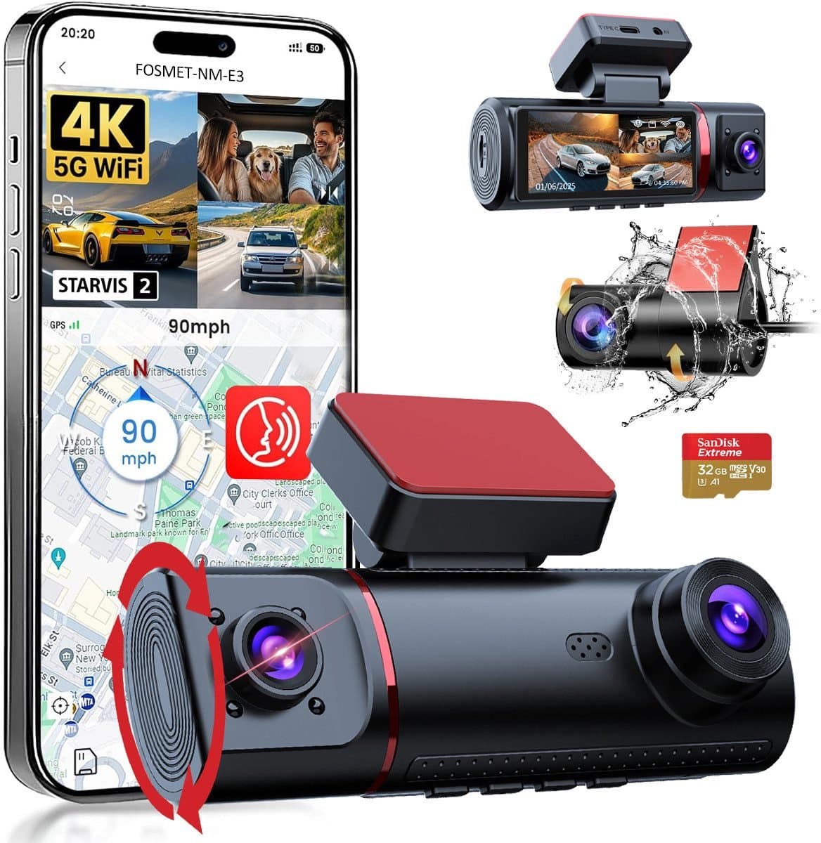 FOSMET Dashcam Voor Auto - 3-kanaals - Ultra 4K resolutie - Nachtzicht - WiFi en GPS - 3,16 Inch IPS-Scherm - App‑bediening - G‑Sensor - Parkeerbewaking - 170° groothoeklens met WDR - Inclusief 32GB SD‑kaart — afbeelding 1