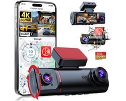 FOSMET Dashcam Voor Auto - 3-kanaals - Ultra 4K resolutie - Nachtzicht - WiFi en GPS - 3,16 Inch IPS-Scherm - App‑bediening - G‑Sensor - Parkeerbewaking - 170° groothoeklens met WDR - Inclusief 32GB SD‑kaart